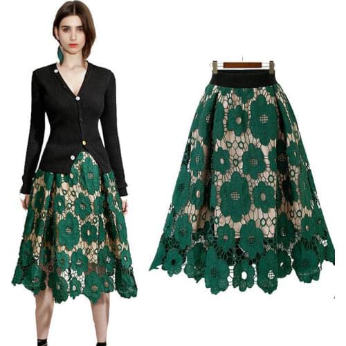 Fashion Lace Green Women Skirts Solid High Waist Knee-Length A-Line Embroidery Office Lady All Match Skirts Oversized 5XL