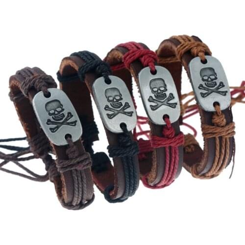 Punk Fashion Rock Skull Bracelet Retro Skeleton Charm Genuine Leather Wrap Bangle Wristband Casual Vintage Gothic Unisex Jewelry