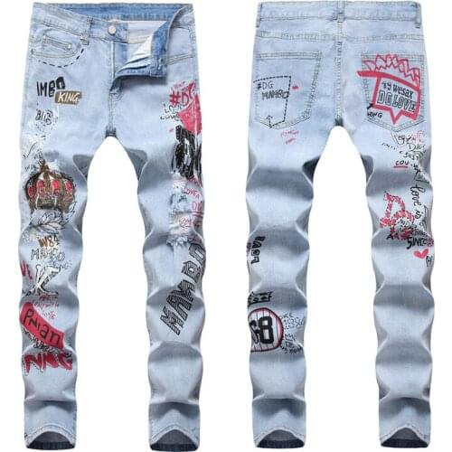 Mens Letter Print Jeans Crown Jewels Pattern Painting Casual Elastic Cotton Denim Blue Pants Straight Slim Fit #A001