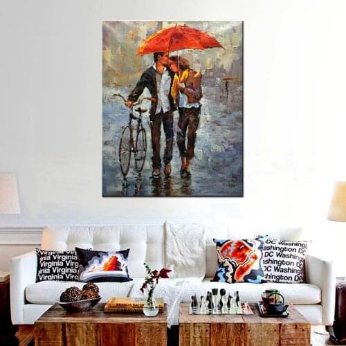 Giclee Printed Couples Holding Red Umbrella Hold Bicycles Knife Oil Painting Print on Canvas Landscape Picture Bedroom Wall Art