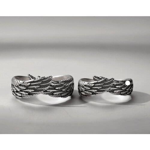 Hug Ring For Couple 925 Thai Silver Love Angel Wing Feather Lover Wedding Band Women Men Vintage Open Engagement Adjustable