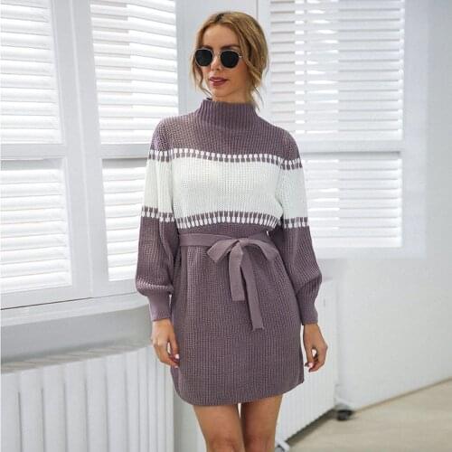 2021 Turtleneck Oversized Knitted Dress Winter Sweater Dress Women Clothes Plus Size Pull Block Lantern Style