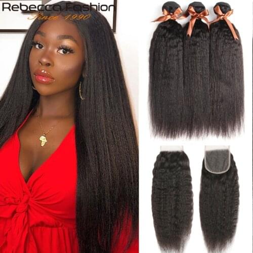 Rebecca Kinky Straight Hair With Closure 3 4 Bundles With Closure Non Remy Hair Peruvian Kinky Straight Bundles With Closure