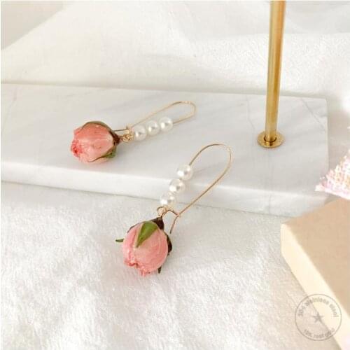 Real Rose Earrings-Embossed Earrings-Real Flower Earrings-Pink Rose-Pearl-Gold-Resin-Unique Earrings