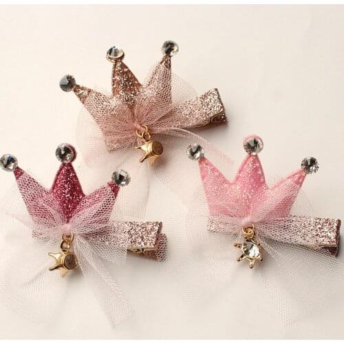 20pcs/lot Modish Girls Glitter Crown Shape Hairpins Sequins Solid Hair Clip Gauze Bows Hair Crystal Crown Kids Children Hairpin