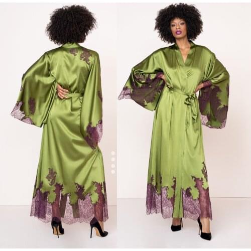 Green Women Night Robe Lace Applique Long Lingerie Custom Made Bridal Sleepgowns Cheap Sleepwear Party Pajama