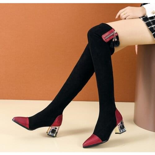 2021 Elegant Women Boots Handmade Mid-Calf Pointed Toe Gem Square heel Slip-On Boots Casual Spring Autumn Women Shoes