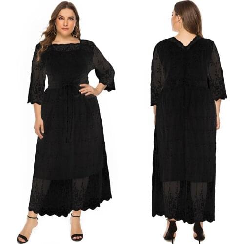 Women Maxi Dresses Lace-up Decoration Oversized Long Dress Fashion Patchwork 3/4 Sleeve Loose Casual Plus Size Women Dress