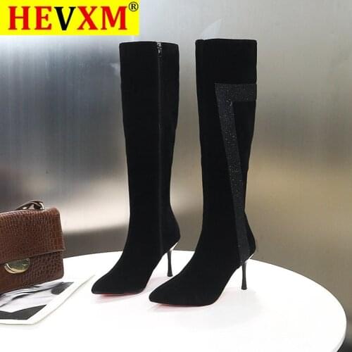 Womens Knee-High Suede Long Boots Fashion Winter Zipper Flock Thin High Stiletto Heel Party Pointed Toe Long Boots botas mujer