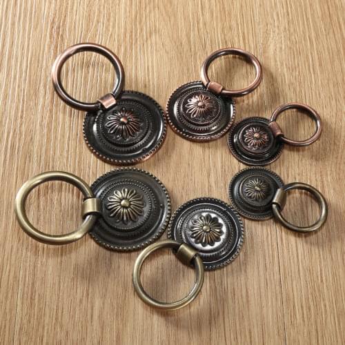 1set Antique Brass Furniture Door Ring 37/45/55mm Pulls Handle Knob Round Ring Kitchen Cabinet Drawer Cupboard Handle Flower