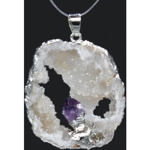 100-Unique 1 Pcs Silver Plated Irregular Shape Crystal Inlay Small Amethysts Stone Pendant Ethnic Jewelry