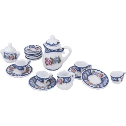 15pcs Miniature British Style Porcelain Tea Set Dish/Cup/Plate---Blue for 1/12 Dollhouse