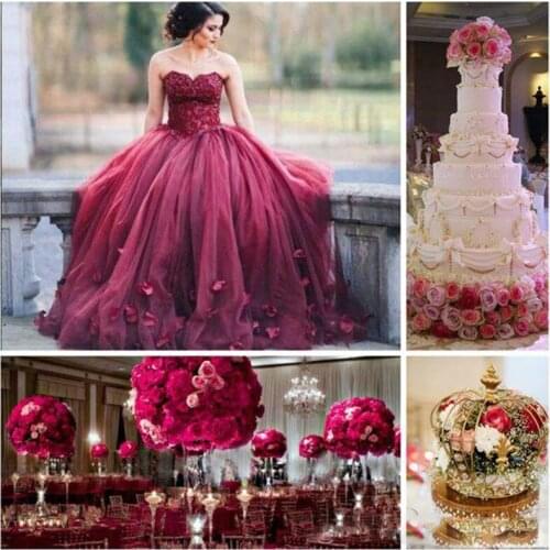 Dark Red Ball Gown Prom Dresses Sweetheart Lace Tulle Petal Embellished Floor Length Evening Gowns 2018 Sweet 16 Dresses