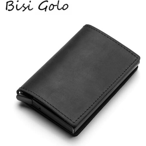 BISI GORO 2020 Genuine Leather Smart Wallet Aluminum Box RFID Slim Thin Single Box New Card Case Clutch Pop-up Card Holder
