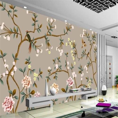 Custom large wallpaper elegant hand-painted flowers and birds background wall painting waterproof material