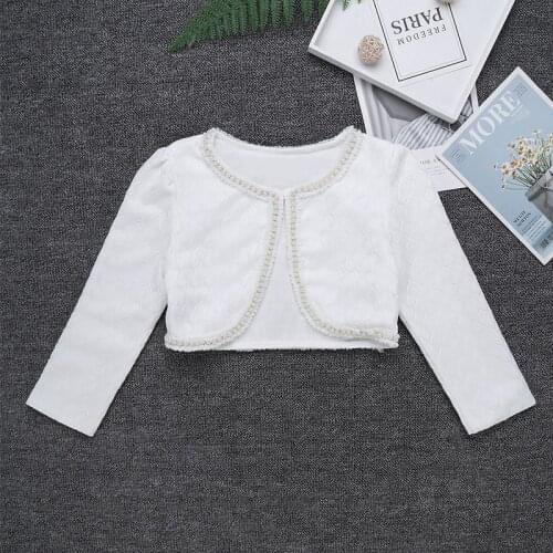 TiaoBug Kids White Long Sleeve Lace Beaded One Button Bolero Shrug Cardigan Girls Ballroom Ballet Tops Short Jacket Dance Wear