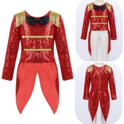Kids Girls Ringmaster Circus Costume Coat Shiny Sequins Bowtie Fringe Swallow-Tailed Jacket for Halloween Cosplay Party Costumes