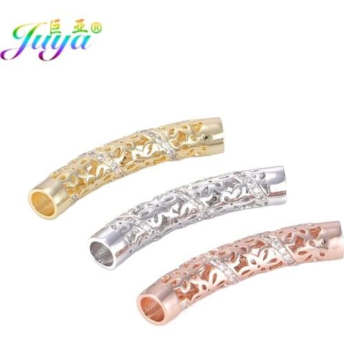 Juya DIY Jewelry Fitting Supplies Micro Pave Zircon Hollow Flower Curved Tube Beads For Women Handmade Needlework Jewelry Making