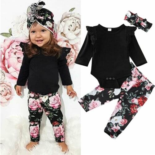 2020 New Toddler Newborn Kids Baby Girl Clothes Set Solid Romper Tops Floral Pants Autumn Outfits Infant 3pcs Clothes Set Suit