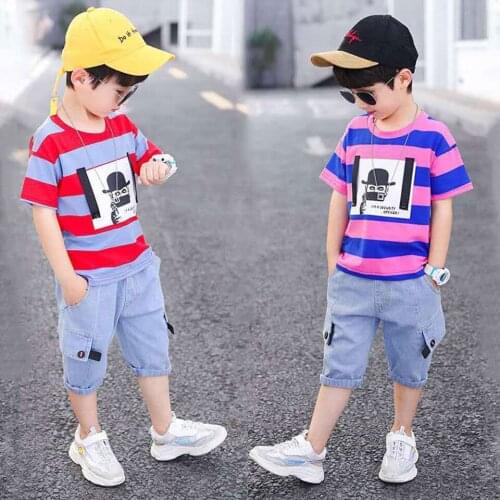 Children Toddler Kids Baby Boys Clothes Cartoon Striped T-shirt Tops + Short Jeans 2PCS Set Summer 2020 Boy Outfit Clothes