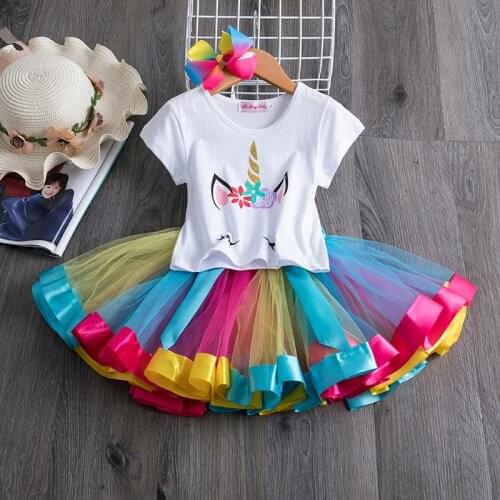 Summer Girls Unicorn Clothing Set Baby Girl Dress Kids Princess Pettiskirt Party Dance Dress Birthday Party Rainbow Tutu Dresses