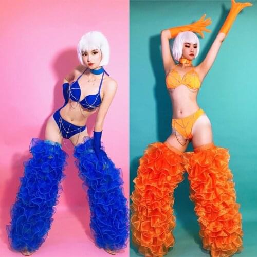 Bar Club Party Rave Gogo Costume Women DJ Singer Dancer Team Sexy Show Stage Wear Orange Blue Crystal Bikini Leg Cover Outfit