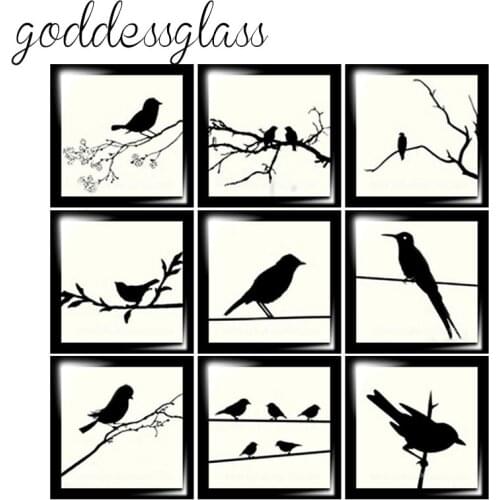 Beauty Birds Hummingbird Magpie 12mm/20mm/25mm/30mm Square photo glass cabochon demo flat back Making findings FB0040