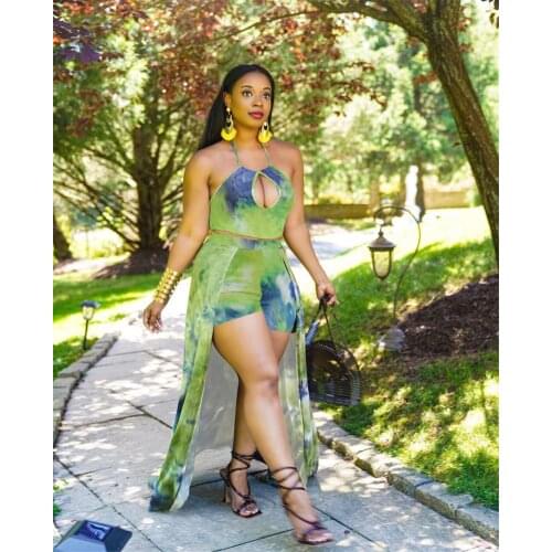 Summer Women Two Piece Sets Print Sleeveless Bandage Halter Cut Out Crop Tops Long Shorts Skirts Set Fashion Outfit