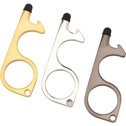 Metal Safety Touchless Door Opener Stylus Key Hook metal Hands Free Door Handle Opener Tool Keychain with silicone head