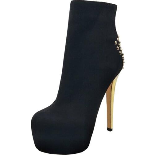 Fashion high heel warm shbrt boots Gold heel mid-calf black nail party boots for woman plus size