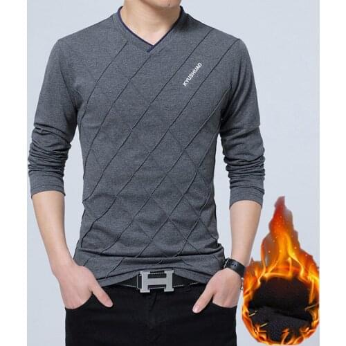 BROWON Men Winter Clothes Plus Velvet T-shirt Long Sleeved V-Neck Argyle Design Solid Color Tshirts Casual Cotton Men Clothing