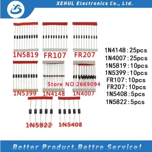 Fast Switching Schottky Diode kit set 1N4148 1N4007 1N5819 1N5399 1N5408 1N5822 FR107 FR207,8values=100pcs,Electronic Components