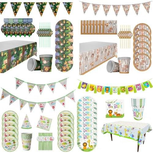 Jungle Safari Birthday Party Decoration Disposable Tableware Set Jungle Animal Forest Friends Zoo Theme Supplies Baby Shower
