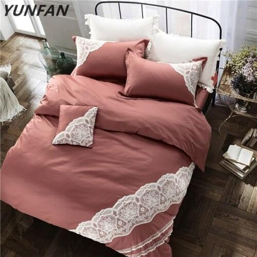 Luxury embroidered bedding set European style lace ruffle duvet cover wrinkle bed sheet coffee bedspread 100%cotton queen king