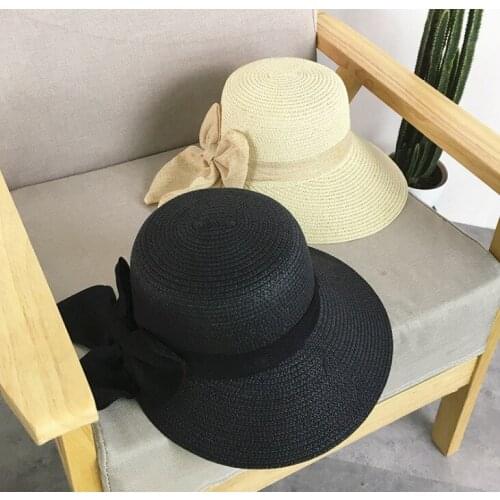 2020 Womens Sun Hat Big Bow Wide Brim Floppy Summer Hats for Women Beach Panama Straw Bucket Hat Sun Protection Visor Femme Cap
