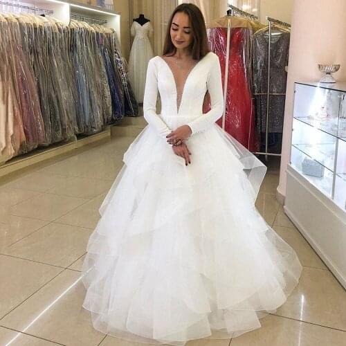 Deep V Neck Ruffles Wedding Dresses For Dubai 2020 Long Sleeve Bride Dress Beads Bridal Gowns Tiered vestidos de novia Plus Size