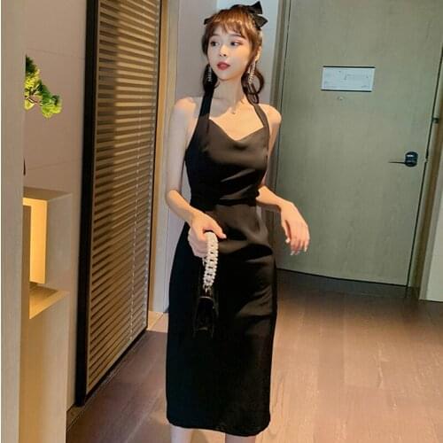 French Style Vintage Sleeveless Midi Party Club Dress Ladies Elegant Coffee Break Sexy Halter Backless Female Black Split Dress