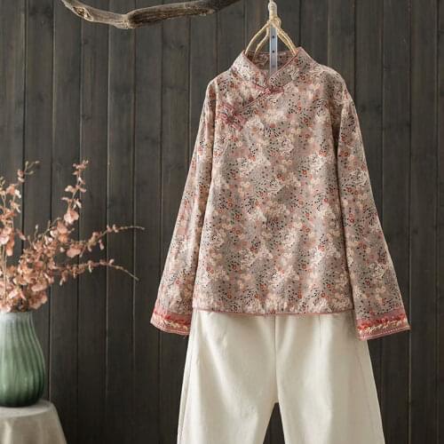 Chinese Style Mandarin Collar Floral Shirt Blouse For Women Long Sleeve Spring Cotton Tops Flower Print Button Retro Blusas 2021