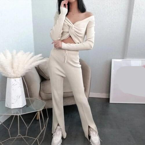 Casual Solid Lounge Wear Suits Women Cross Twist Drape V-neck Cropped Tops+Split Pants 2 Piece Set Female Streetwear Outfits