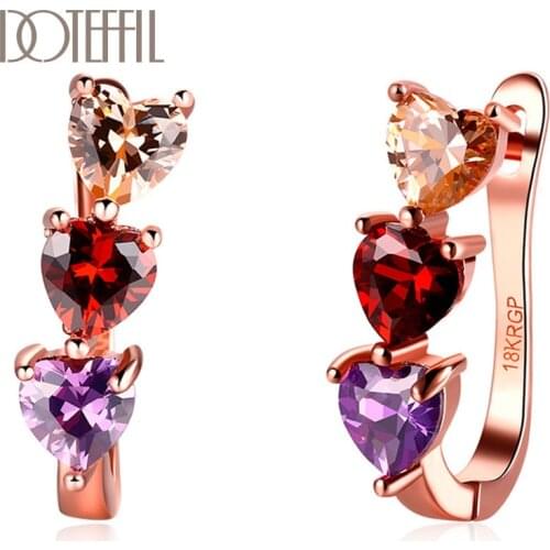 DOTEFFIL 925 Sterling Silver Multicolor AAA Zircon Heart-Shaped Rose Gold Earrings For Women Jewelry Fashion Wedding Party Gift