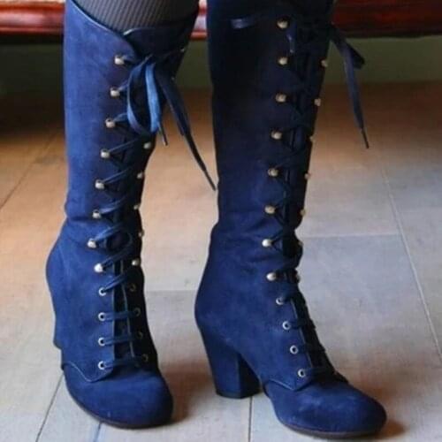 Round Toe Suede Knee Boots Women Botas Mujer Thick Heels High Heels Women Pumps Knee-high Vogue Roman Lace-up Knight Boots New