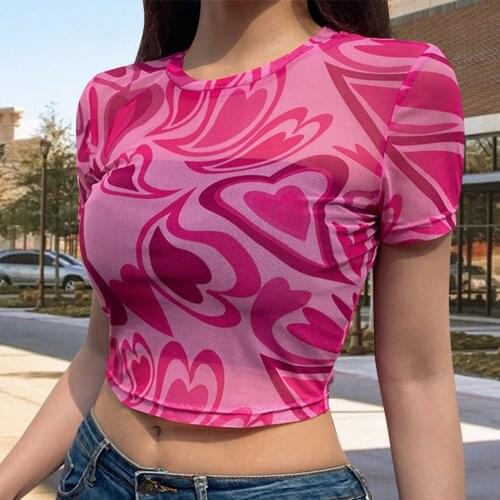 Y2k Womens Crop Top clothes Sexy Mesh goth Print Cropped T-shirt Hedging Summer Fashion Sleeve Short Sleeve T-shirts