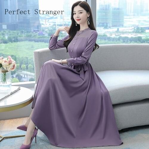 2021 Autumn Winter New Arrival OL Lady Clothing Satin Chiffon Solid Color Long Sleeve Women Chiffon Long Dress
