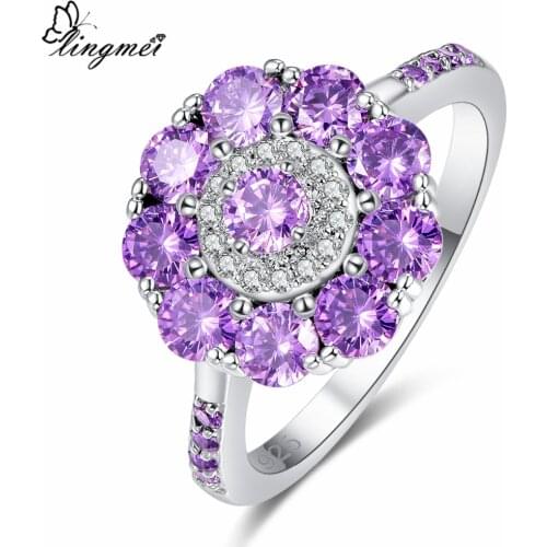 Lingmei New Round PurpleWhite Cubic Zirconia Silver ColorRing Size 6-9 Beautiful Women Wedding Jewelry Christmas