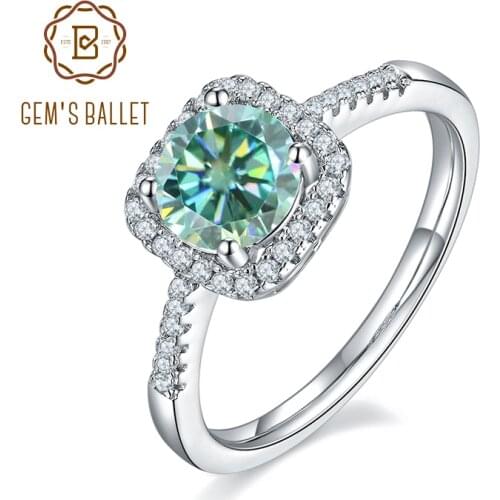 GEMS BALLET 925 Sterling Silves Wedding Ring 1.0Ct 6.5mm Round Encircled Green Color Moissanite Halo Engagement Ring For Women