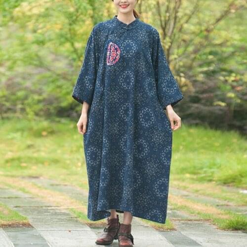 Johnature Women Print Embroidery Vintage Dresses Cotton Linen Soft Fall Cheongsam 2021 New Long Sleeve Women Clothes Dress