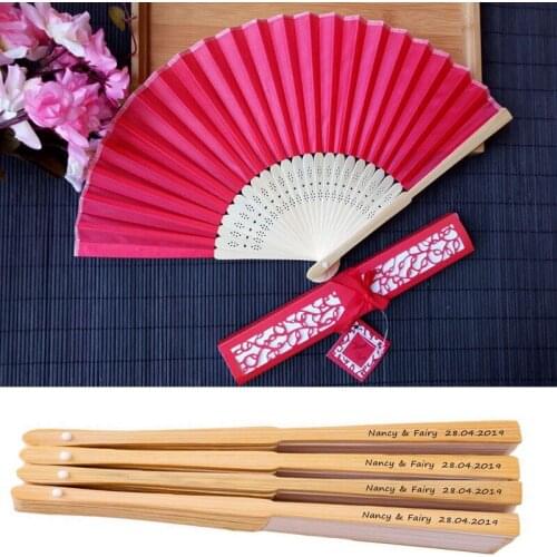 70pcs/lot Personalized Bride & Grooms Name & Date Silk Folding Fan Dance Wedding Hand Fan with Gift Box Free shipping