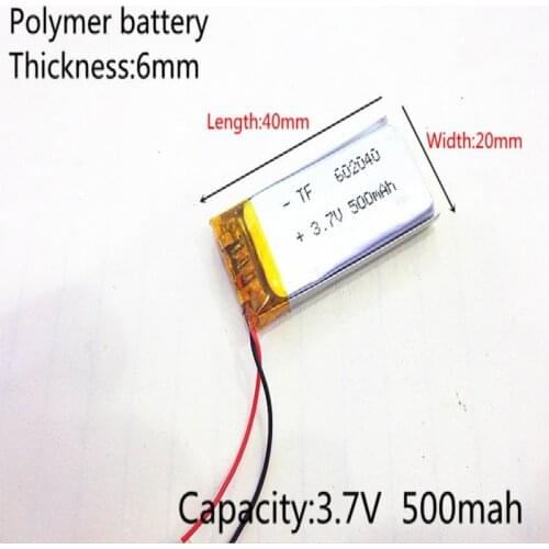 602040 3.7V 500mAh 062040 Lithium Polymer Li-Po li ion Rechargeable Battery cells For Mp3 MP4 MP5 GPS PSP mobile bluetooth