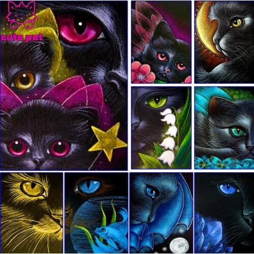 DIY Diamond Painting Cross Stitch Cute black cat and flowers Kits Home Decor Diamond Embroidery inlaid 5D Needlework Rhinestones