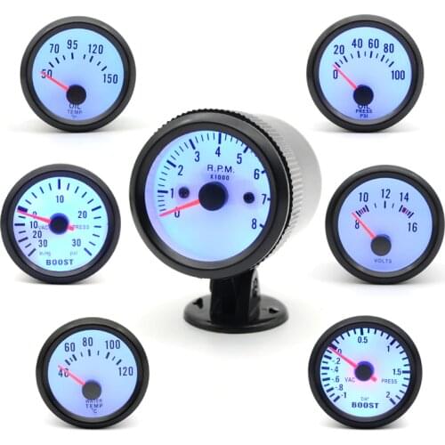 Boost/Water Temp/Oil Temp/Oil Press/Voltage/Tachometer RPM Gauge 52mm Analog led Black Case With Blue LED